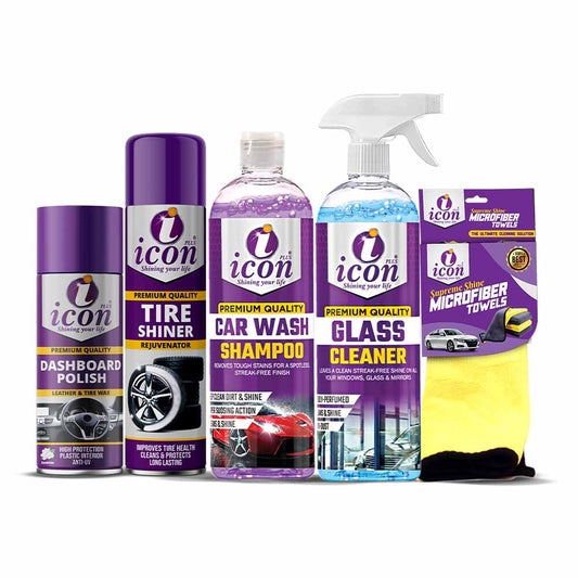 Icon Plus 5-in-1 Complete Car Care Kit including tire shiner, all-purpose cleaner, car shampoo, protectant, and microfiber towel for thorough car cleaning and detailing