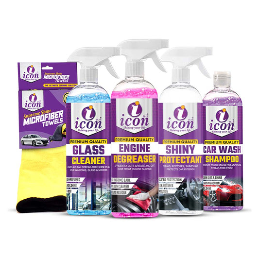 🧴 Car Shampoo (500 ML):
Water-based car shampoo 500ml for deep cleaning and glossy paint finish.
✨ Tire Shiner (650 ML):
Water-based tire shiner 650ml for deep black shine and UV protection.
🪄 Dashboard Polish (450 ML):
Water-based dashboard polish 450ml for interior shine and sun protection.
🧽 All-Purpose Cleaner (500 ML):
Multi-surface water-based APC 500ml for interior and exterior car cleaning.
🪶 Microfiber Cloth (30×40, 600 GSM):
Premium 600 GSM microfiber cloth for scrat