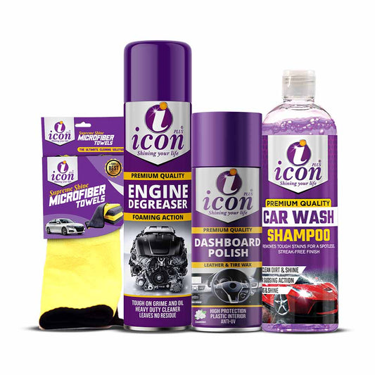 Icon Plus 4-in-1 car care kit – includes microfiber towel, engine degreaser, dashboard polish, and car shampoo for complete cleaning and detailing.