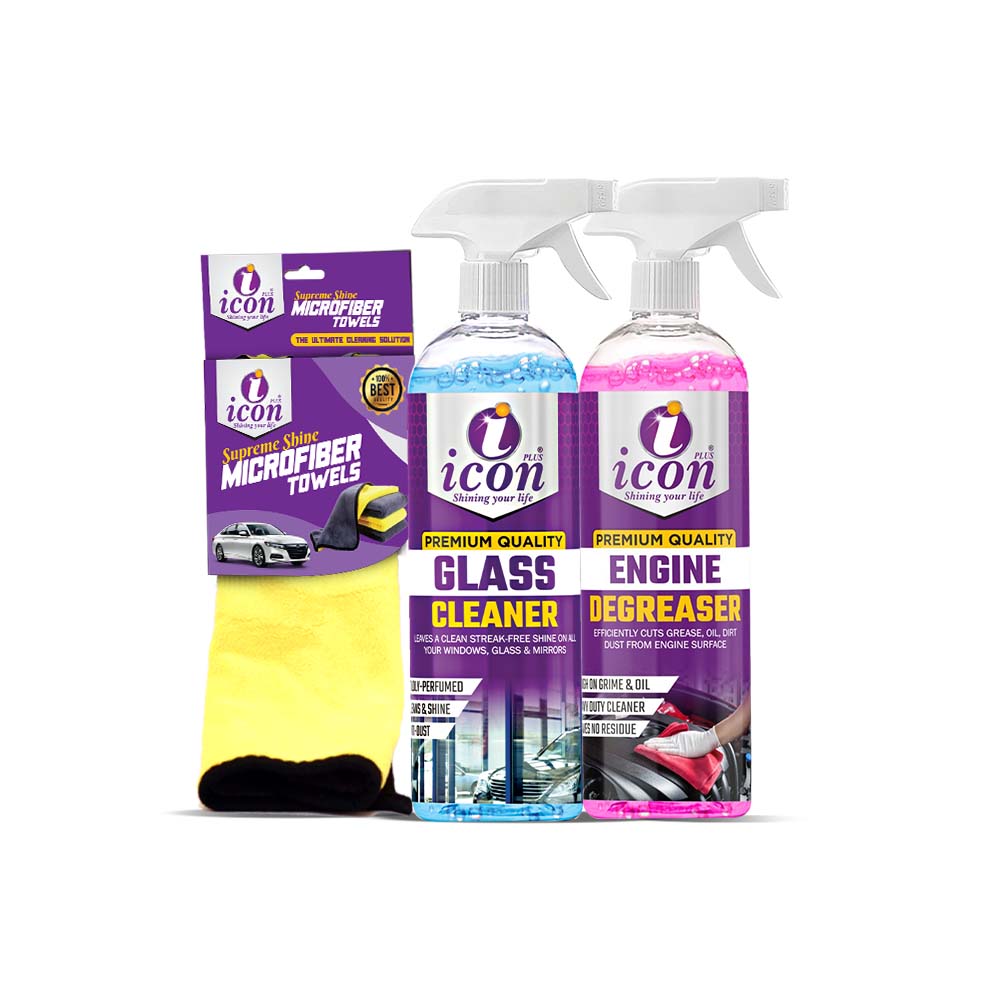 Glass cleaner 500ml for streak-free and crystal-clear car windows
Engine degreaser 500ml for removing oil, grease, and dirt from engine surfaces
Premium 600 GSM microfiber towel 30x40 for scratch-free cleaning and polishing
Icon Plus essential cleaning bundle 3-in-1 car detailing kit with glass cleaner, degreaser, and microfiber towel