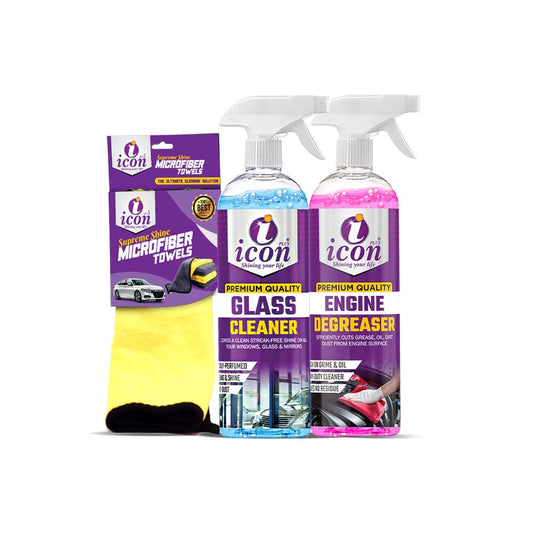 Glass cleaner 500ml for streak-free and crystal-clear car windows
Engine degreaser 500ml for removing oil, grease, and dirt from engine surfaces
Premium 600 GSM microfiber towel 30x40 for scratch-free cleaning and polishing
Icon Plus essential cleaning bundle 3-in-1 car detailing kit with glass cleaner, degreaser, and microfiber towel