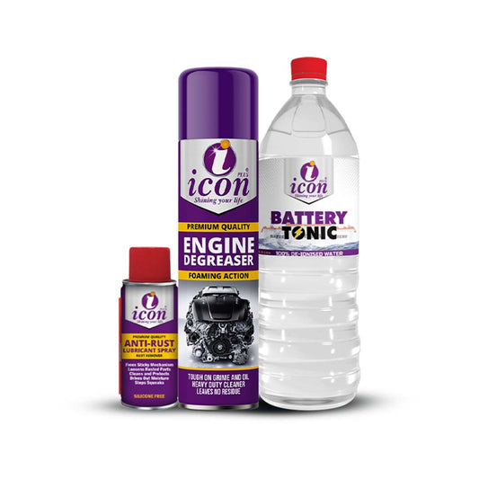 Engine Maintenance Kit – Complete Car Engine Care Solution
Keep your car’s engine running smoothly and efficiently with the Icon Plus Engine Maintenance Kit, a premium 3-in-1 solution designed for long-lasting engine performance and protection. This kit includes:
Battery Tonic (1 LTR): Extends battery life, improves performance, and prevents corrosion.
Engine Degreaser (650 ML): Quickly removes oil, grease, and dirt buildup for a clean and efficient engine.
Anti-Rust Spray (200 ML): Protects engine part