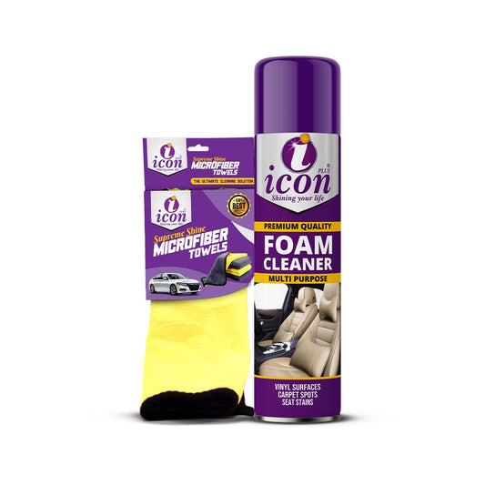 Icon Plus Foam Cleaner with Microfiber – powerful cleaning foam and premium microfiber cloth for deep cleaning car interiors and surfaces.