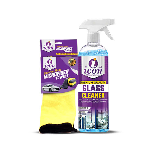 Glass cleaner spray with microfiber cloth, removes dust, fingerprints, and smudges, leaving car windows and mirrors crystal clear and streak-free.