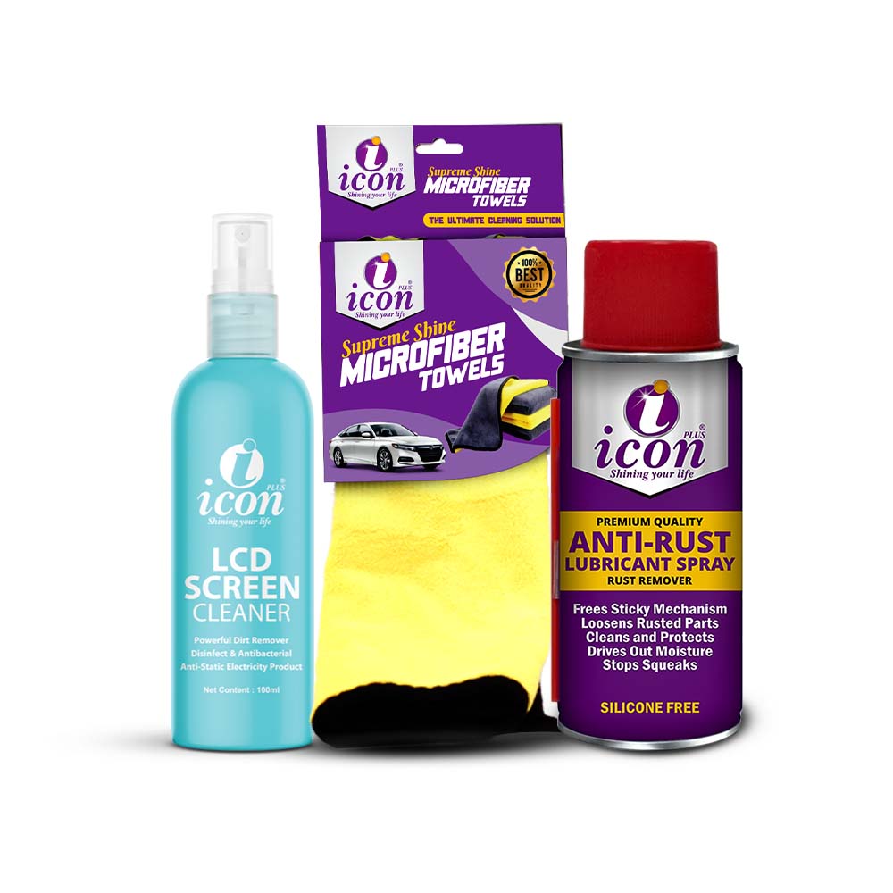 LCD screen cleaner 100ml for crystal-clear, streak-free device screens
Anti-rust spray 100ml for protecting metal surfaces from corrosion
Soft microfiber cloth 30x40 cm for scratch-free cleaning and polishing
Icon Plus Smart Care Bundle 3-in-1 device cleaning and protection kit