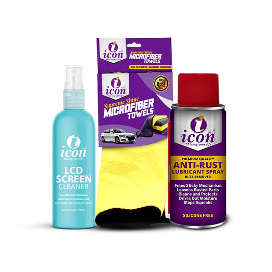 LCD screen cleaner 100ml for crystal-clear, streak-free device screens
Anti-rust spray 100ml for protecting metal surfaces from corrosion
Soft microfiber cloth 30x40 cm for scratch-free cleaning and polishing
Icon Plus Smart Care Bundle 3-in-1 device cleaning and protection kit