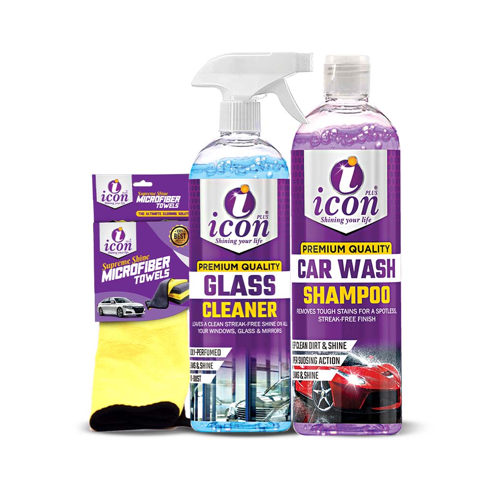 A cleaning bundle consisting of a glass cleaner in a spray bottle, a microfiber cloth, and a car shampoo in a purple and white packaging.