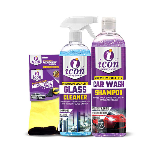 A cleaning bundle consisting of a glass cleaner in a spray bottle, a microfiber cloth, and a car shampoo in a purple and white packaging.