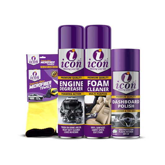 Car shampoo 500ml bottle for deep cleaning and glossy finish
Tire shiner 650ml water-based formula for black shine and UV protection
Dashboard polish 450ml for interior shine and sun protection
All-purpose cleaner 500ml for multi-surface car cleaning
Premium 600 GSM microfiber cloth for scratch-free cleaning and polishing
Icon Plus Ultimate Car Detailing Bundle 4-in-1 complete cleaning and protection kit