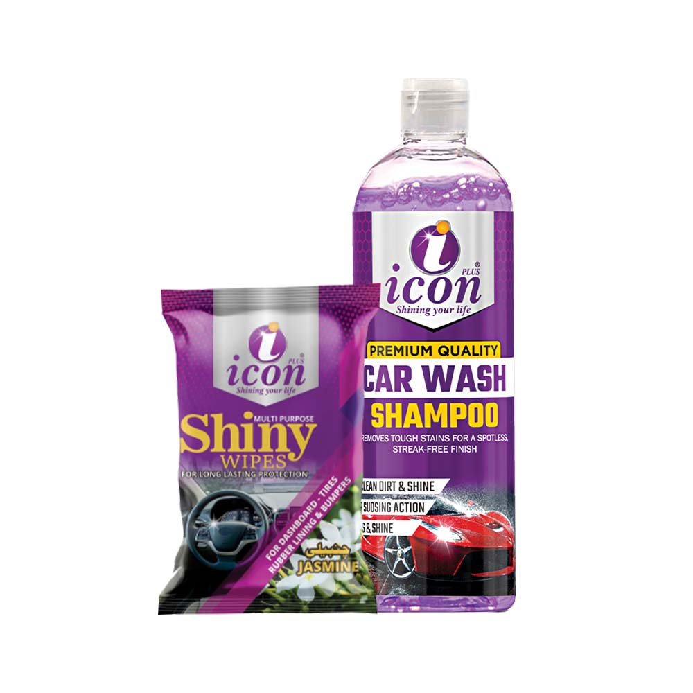 Shine Bundle car care kit – includes car shampoo, glass cleaner, shiny spray, all-purpose cleaner, and microfiber cloth for complete vehicle cleaning and shine.