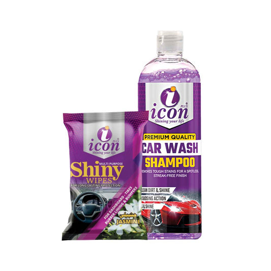 Shine Bundle car care kit – includes car shampoo, glass cleaner, shiny spray, all-purpose cleaner, and microfiber cloth for complete vehicle cleaning and shine.