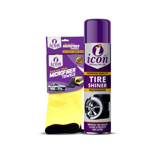 Tire shiner spray with microfiber cloth, restores tire black shine, protects rubber, and provides streak-free, glossy finish for car tires.