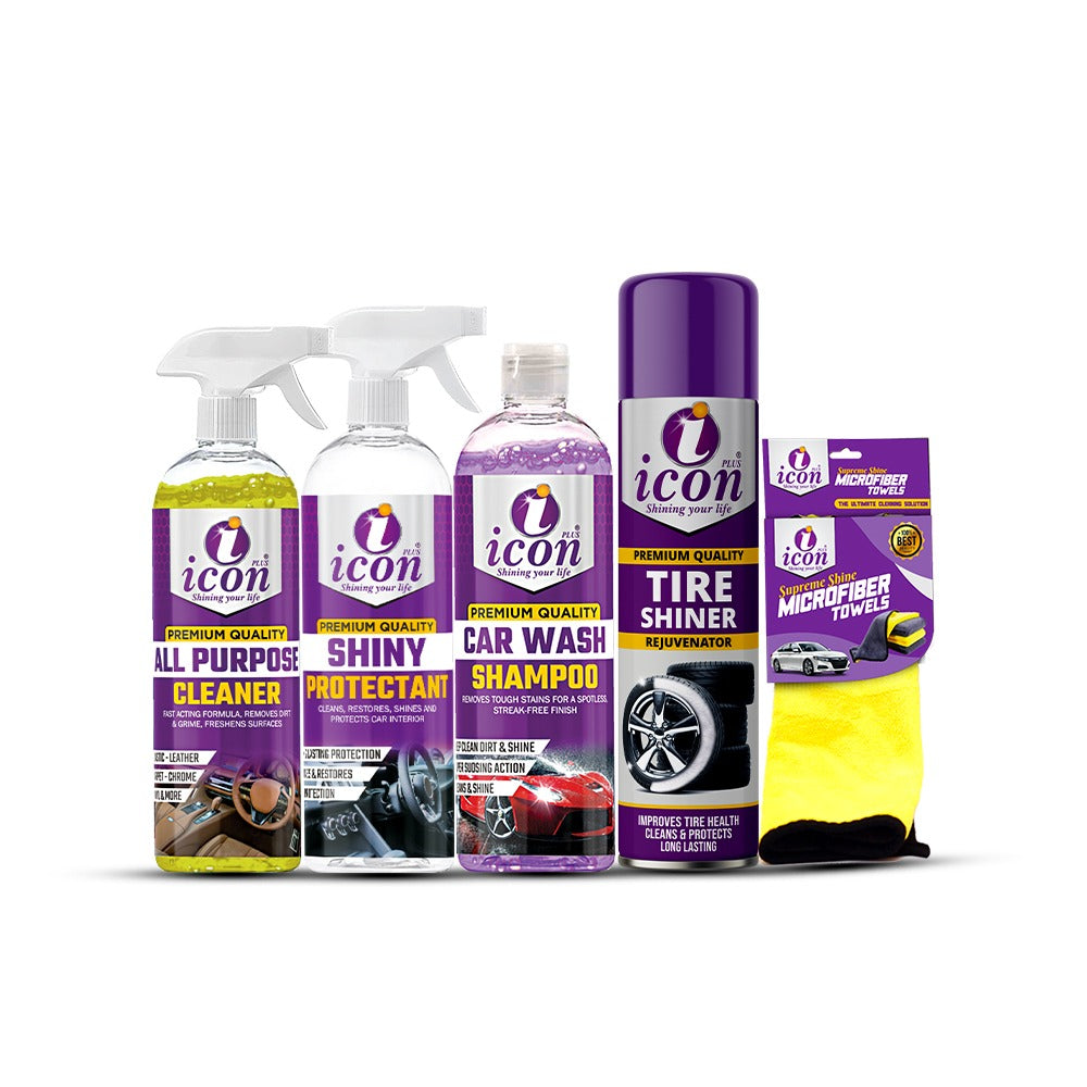 con car care products including cleaner, shampoo, tire shiner, and microfiber towel car protection car saftey rust removing tire safety car polish tire polish
