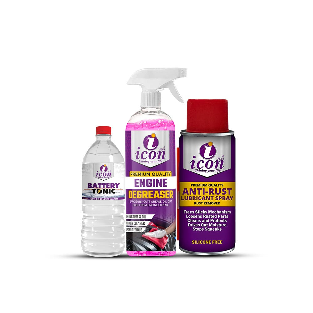 Three bottles of icon car care products anti rust bike care bike maintanence engine care bike battery battery water ionize water battery care