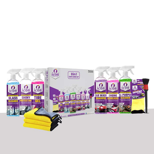 "Icon Plus 8-in-1 Premium Car Care Kit with microfiber towel, tire gel, glass cleaner, all-purpose cleaner, shampoo, engine degreaser, shiny protectant, and detailing brush. Complete car cleaning and detailing solution for shine, protection, and maintenance."