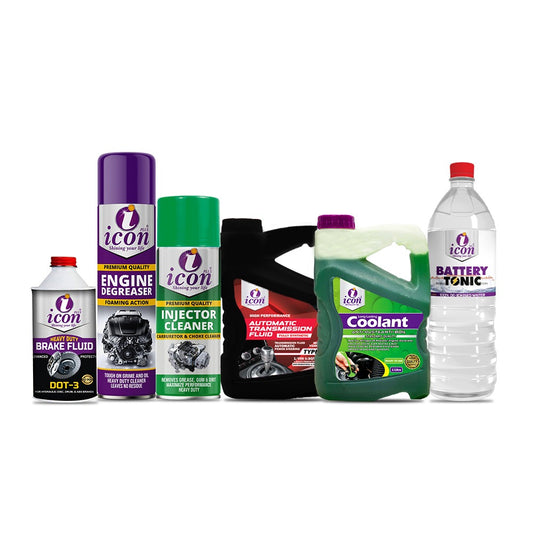 Collection of icon automotive products engine care products enhine life spent coolant brake oil brake fluid