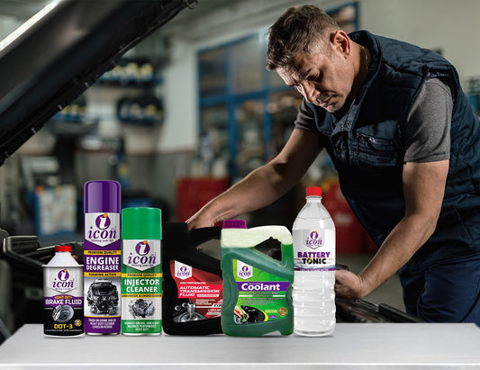 Mechanic working on a car with Icon automotive products. top car care brand top products car products interior products