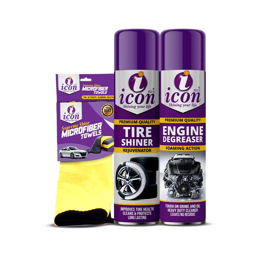 Icon Plus 3-in-1 car detailing kit – includes tire shiner, engine degreaser, and 600 GSM microfiber cloth for deep cleaning, tire gloss, and professional finish.