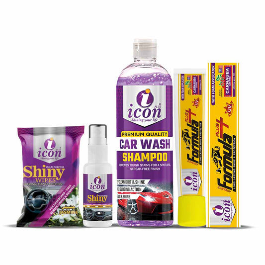 Icon Plus best car care bundle pack of 4 in purple – complete cleaning and detailing kit for car exterior and interior shine and protection.
