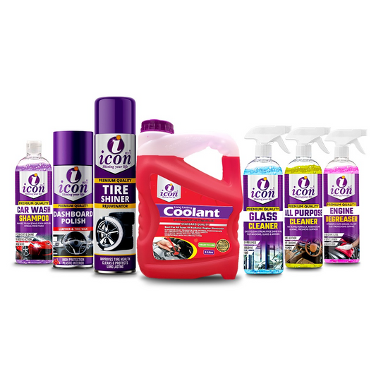 Icon Plus complete car care bundle – includes car wash shampoo, dashboard polish, tire shiner, long-lasting anti-freeze and anti-rust coolant, glass cleaner, all-purpose cleaner, and engine degreaser for full vehicle cleaning, shine, and protection.