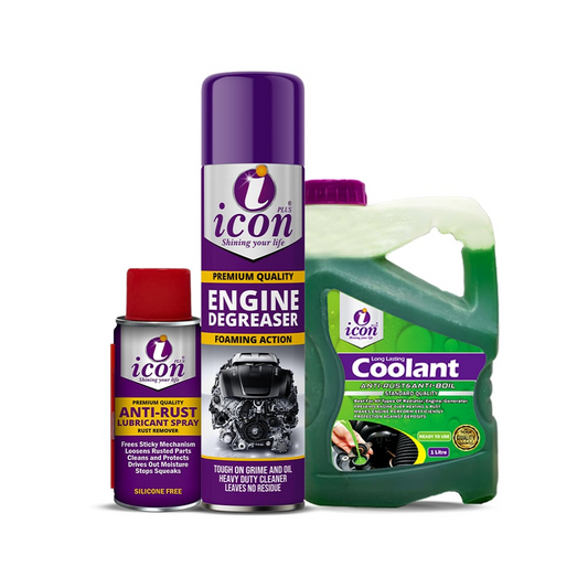 Icon Plus engine care trio – includes premium engine coolant, anti-rust coolant, and powerful engine degreaser for complete engine protection, cooling, and deep cleaning.