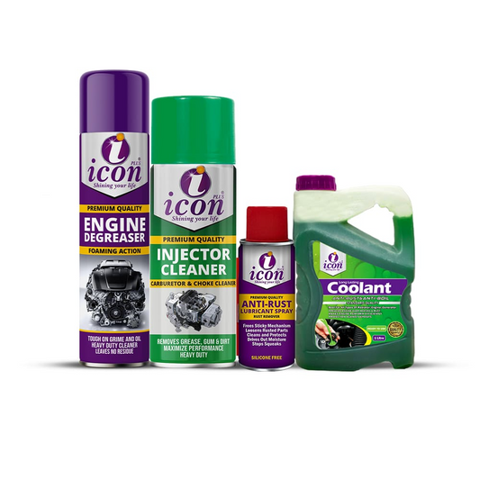 Engine degreaser 650ml for removing oil, grease, and dirt from engine surfaces
Anti-rust spray 200ml for protecting engine parts from corrosion
Injector cleaner 400ml for improving fuel efficiency and engine performance
Anti-rust coolant 1 liter for preventing overheating and corrosion
Icon Plus 4-in-1 engine protection and performance bundle for car maintenance