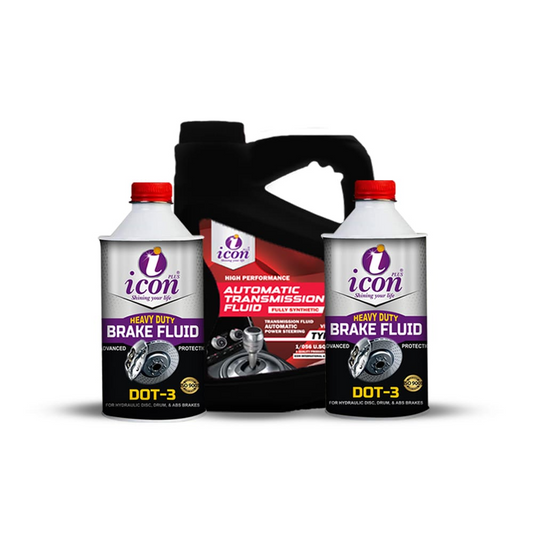 Automatic transmission fluid 1000ml for smooth gear shifting and transmission protection
Brake fluid DOT 3 500ml bottles for reliable braking performance and heat resistance
Icon Plus transmission and braking care bundle 3-in-1 car maintenance kit