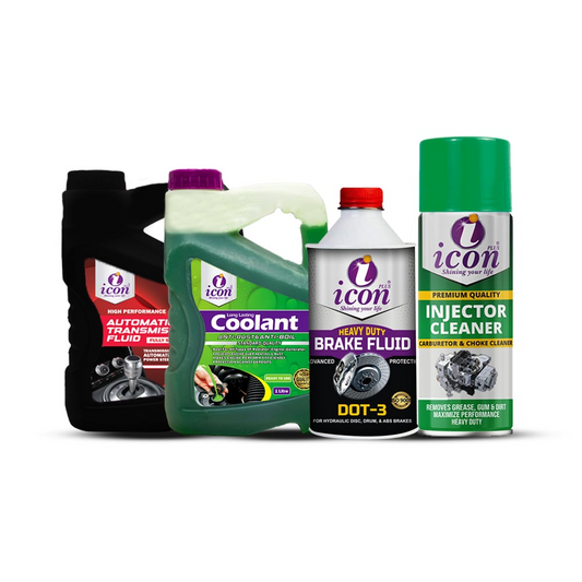 Icon Plus 4-in-1 performance fluids bundle – includes automatic transmission fluid, anti-rust coolant, injector cleaner, and brake fluid for smooth gear shifting, engine protection, improved fuel combustion, and reliable braking.