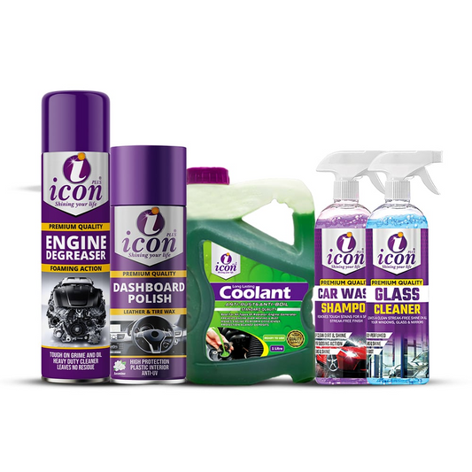 Icon Plus 5-in-1 car care bundle pack – includes car shampoo, dashboard polish, glass cleaner, tire shiner, and anti-rust coolant for complete cleaning, shine, and engine protection.