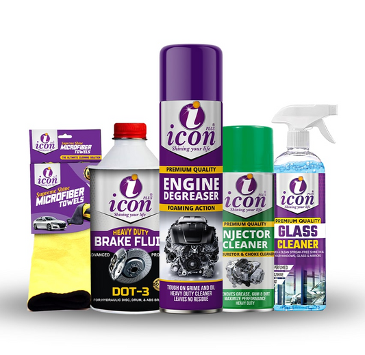A collection of car care products by Icon, including a engine degreaser, brake fluid, injector cleaner, glass cleaner and a microfiber towel.