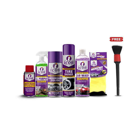 Icon Plus 7 in 1  Monsoon Car Care Bundle featuring anti-rust spray, tire shiner, car shampoo, dashboard polish, all-purpose cleaner, microfiber cloth, and detailing brush for complete rainy season car protection and detailing.