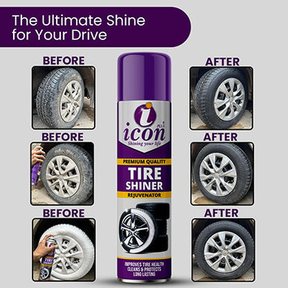 Icon Plus Tire Shiner 650ml aerosol spray for deep black tire gloss and UV protection