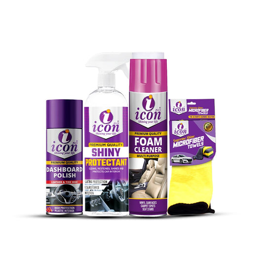 Icon Plus Interior Car Detailing Kit – Foam Cleaner, Dashboard Polish, Protectant & Microfiber Cloth