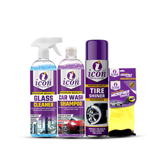icon car care products including glass cleaner, car wash shampoo, tire shiner, and microfiber towels car care exterior care car shine car saftey car life car maintain tire maintain tire shine car wash