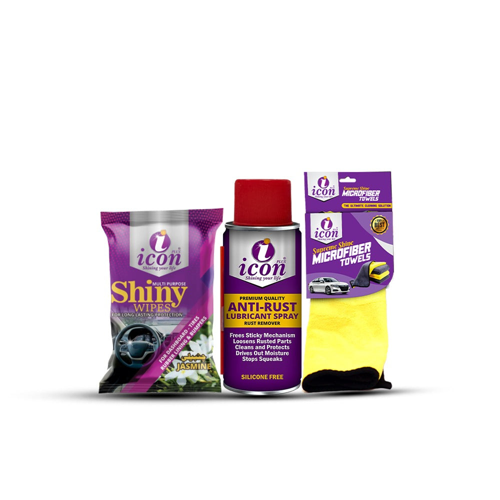 Icon car care products including Shiny Wipes, Anti-Rust Lubricant Spray, and Microfiber Towels bike care bike tire care 