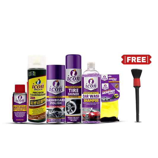 icon car care products with a free brush car detailing kit rainy season car care tire care car saftey safe car from rainy season 
