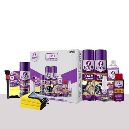 Icon Plus 8-in-1 Exclusive Car Care Kit – Complete Cleaning, Shine, and Protection Bundle with Tire Shiner, Foam Cleaner, Dashboard Polish, and More