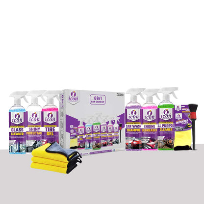 "Icon Plus 8-in-1 Premium Car Care Kit with microfiber towel, tire gel, glass cleaner, all-purpose cleaner, shampoo, engine degreaser, shiny protectant, and detailing brush. Complete car cleaning and detailing solution for shine, protection, and maintenance."