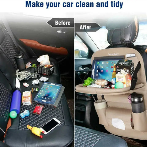 Car Seat Back Organizer with Foldable Table Tray PU Leather Storage Organizer with Pockets Kick Mats Seat Interior Accessories